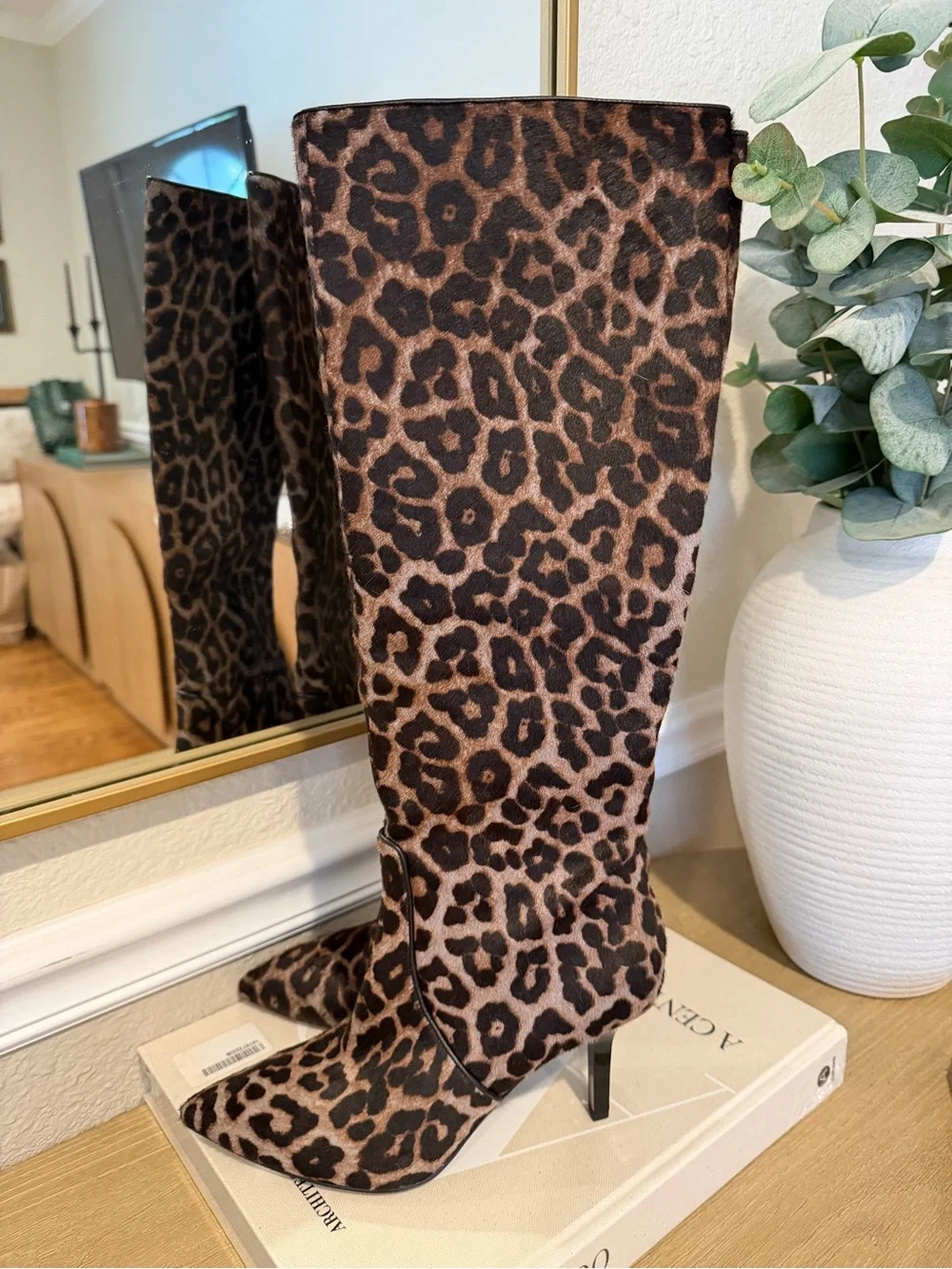 Michael Kors Katerina Leopard Print Calf Hair Knee High Stiletto Boots Sz 8 - Picture 1 of 9